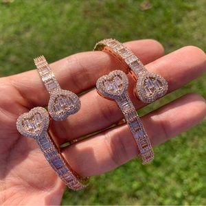 18k Rose Gold Plated Women’s Men’s Baguette Iced Link Heart Bracelet Bangle 5mm